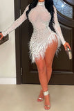 Zjkrl Rhinestone & Beaded Decor Striking Tassel Irregular See-Through Mini Dress