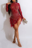 Zjkrl Rhinestone & Beaded Decor Striking Tassel Irregular See-Through Mini Dress