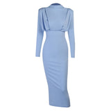 Zjkrl - Elegant Women Dress Stand Collar Slim Waist Solid Blue Ankle Length Autumn Long Sleeve Casual Party Dress Fashion