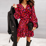 Zjkrl - Elegant Ruffles V Neck Red Long Lantern Sleeve Print Wrap Dress