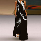 Ladies Spring Summer Long Dress Women Black Sleeveless V-neck Loose Party Dresses Casual Face Print Vintage Beach Dress