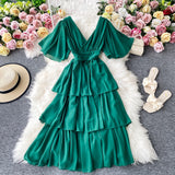Zjkrl New Summer Women Dress Ruffled Short-sleeved Chiffon Dress V-neck Sexy Beach Long Dress Backless Cake Dresses Vestidos