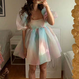 Zjkrl Women Puff Sleeve Tulle Tutu Princess Dress Square Collar Mesh Ruffle Bubble Skirt Wedding Evening Party Prom Mini Fairy Dress