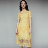 Summer 2023 Women Yellow Hollow Out Lace Party Dress Elegant Female Short Sleeve Casual Big Swing Long Beach Dresses Vestidos