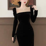Zjkrl - Black Elegant Evening Midi Dress Women Bodycon France Vintage Velvet Party Dress Ladies Korean Fashion Chic Dresses Autumn