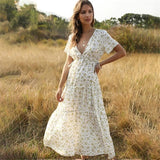 Summer Beach Holiday Dress Women Casual Floral Print Elegant Boho Long Dress Ruffle Short-Sleeve V-neck Sexy Party Robe