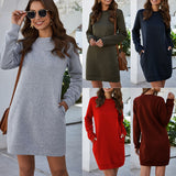 Zjkrl - Autumn/Winter Sweatshirt Dress Women&#39;s Solid Color O Neck Pocket Mini Dress Warm Short Dresses Long Sleeve Basic Pullover