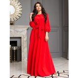 Zjkrl - Casual O-Neck Belt A-Line Long Dress Autumn Lantern Sleeve High Waist Elegant Party Floor-Length Dresses For Women