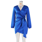 Zjkrl Fall Party Dresses For Women Sexy Satin Bodycon Dresses Women Christmas Party Night Going Out Club Outfits V Neck Lantern Sleeve Wrap Dress
