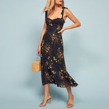 Zjkrl - Dresses For Women 2023 Elegant Vintage Floral Dress Frill Sweetheart Neck Sleeveless Strap Tie Ruffle Hem Summer Beach Dress