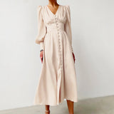 Zjkrl - Beige Single Breasted Sexy Dress Party Clud High Waist Satin Long Dress Elegant V Neck Women Midi Dresses Lantern Sleeve