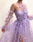 Zjkrl Women&#39;s Fashion 3D Flower Embroidered Mesh Tulle Dress Party Night Nightclub Purple Gauze Evening Prom Dress Female See Through