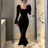Zjkrl - Elegant Mermaid Black Long Dress Women Korean One Piece Vintage Gothic Evening Party Dress Autumn Casual Hepburn Slim Dress 2023