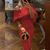 Women Casual Solid Color Long Dress Elegant Off Shoulder Cape Design Skinny Party Dress Autumn Fashion Back Bow Dress Vestido