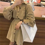 Women Vintage Front Pockets Sashes A-line Dress Lantern Sleeve Turn Down Collar Solid Party Dress Winter Casual New Dress