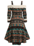 Vintage Elegant Dress Women Aesthetic Cold Shoulder Tribal Print High Low Dress Vestidos Party Dresses