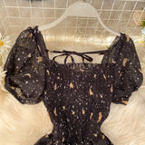 Zjkrl New Summer Women Floral Print Mesh Dress Female Short Sleeve Holiday Beach Dress A-line Black Party Dresses Vestidos P776