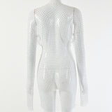 Zjkrl - Diamond Sexy Bodycon Dress Women Hollow Out Long Sleeve Mini Dress Summer See Through Party Vestidos Mujer Verano