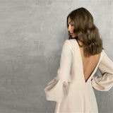 Zjkrl - CHURSES Sexy Backless Midi Dress Lantern Sleeve O-Neck Autumn Folds A-Line Fashion Party Night Club Long Dresses For Women