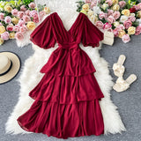 Zjkrl New Summer Women Dress Ruffled Short-sleeved Chiffon Dress V-neck Sexy Beach Long Dress Backless Cake Dresses Vestidos