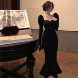 Zjkrl - Elegant Mermaid Black Long Dress Women Korean One Piece Vintage Gothic Evening Party Dress Autumn Casual Hepburn Slim Dress 2023