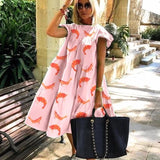 Women Dresses 2023 Summer Shrimp Print Loose Casual Swing Dress Butterfly Short Sleeve Midi Holiday Dress Beach Boho Female Robe