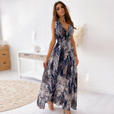Zjkrl - Casual Loose Bohemian Beach Vacation Summer Midi Dress For Women Fashion Print Lace Up Sexy Backless Deep V-neck Maxi Dresses