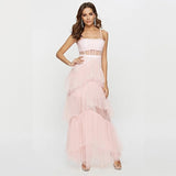 Summer Sling Long Lace Dress Women Hollow Stitching Sexy Bubble Dress Backless Sleeveless Plus Size White Party Elegant Clothes