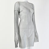 Zjkrl - Diamond Sexy Bodycon Dress Women Hollow Out Long Sleeve Mini Dress Summer See Through Party Vestidos Mujer Verano