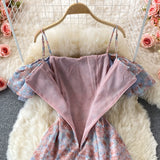 Summer Elegant Chiffon Floral Strap Dress Women&#39;s Mesh Stitching Strapless Mixi Dress Holiday Ladies Vestidos  Female Robe
