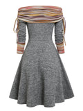 Zjkrl Convertible Cinched Striped Flare Dress Foldover Off The Shoulder Knitted Dresses Women 2023 Long Sleeve Jurken