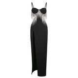 Zjkrl Sexy Spaghetti Tassel Diamond Tight Dress Maxi Club Luxury Bodycon Dress Backless High Slit Dress Celebrity Evening Party Dress