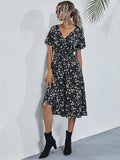 Zjkrl graduation outfit ideas 90s latina aesthetic freaknik fashion baseball game tomboy style swaggy going out classic edgy brunch cute White Floral Printing Summer Chiffon Beach Dress  Casual V-neck Short Sleeve A-line Women Midi Dresses Vestidos