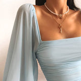 Zjkrl - High Waist Long-Sleeve Sheath Mini Dress Blue Flat-Fitting Collar Sexy Dress Solid Color Fashion Slim Fit Bodycon Dresses