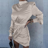 Zjkrl - Elegant Satin Solid Autumn Mini Dress Fashion Half High Neck Pleated Party Dress Casual Long Sleeve Slim A-line Dresses Vestidos