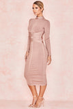 Zjkrl Bodycon Dress Rayon High Quality Turtleneck Long Sleeve Lace Up Bandage Dress Ribbed Knee-Length Sexy Vestidos Dobanmbd