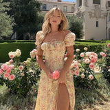 Zjkrl - Fashion Floral Printed Summer Dress  Women Puff Short Sleeve Casual BOHO Front Lace-Up Vintage Sundress Party Wear