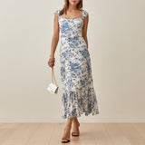 Zjkrl - Dresses For Women 2023 Elegant Vintage Floral Dress Frill Sweetheart Neck Sleeveless Strap Tie Ruffle Hem Summer Beach Dress