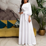 Zjkrl - Casual O-Neck Belt A-Line Long Dress Autumn Lantern Sleeve High Waist Elegant Party Floor-Length Dresses For Women