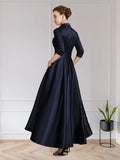 Zjkrl On Sale Charming Dark Navy Mother of the Bride Dresses with 3/4 Sleeves V Neck Bow Belt Wedding Party Dresses High Low 2023