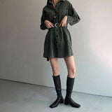 Women Vintage Front Pockets Sashes A-line Corduroy A-line Dress Long Sleeve Turn Down Collar Solid Dress Winter New Dress