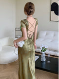 Zjkrl - Elegant Women Green Satin Backless Evening Dress Ladies Lace Bandage Vintage Jacquard Mixi Dresses Party Vestidos Summer Robe