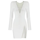 Zjkrl - 2023 New Summer New Women&#39;s Sexy V-neck Mesh Diamond Long Sleeve Bodycon Bandage Dress Fashion Celebrity Party Dress vestido