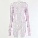 Zjkrl - Diamond Sexy Bodycon Dress Women Hollow Out Long Sleeve Mini Dress Summer See Through Party Vestidos Mujer Verano