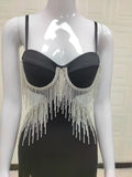 Zjkrl Sexy Spaghetti Tassel Diamond Tight Dress Maxi Club Luxury Bodycon Dress Backless High Slit Dress Celebrity Evening Party Dress
