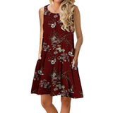 Women Summer Floral Print Medium Casual Beach Cover Up Plain Pleated Tank Dress