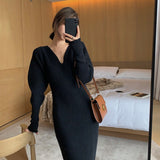 Zjkrl - Elegant Long White Knitting Dress Women Winter V-Neck Long Sleeve Bodycon Dress Korean Office Lady High Waist Vintage Dress