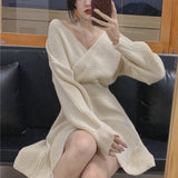 Zjkrl Atumn Knitted Dress Women Long Sleeve V-Neck Sexy Pure Color Elegant Sweater Mini Dress Female Party One Piece Dress Korean