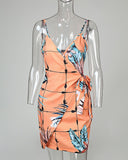 Tropical Print V-Neck Wrap Casual Dress Women Sleeveless Summer Holiday Mini Dress