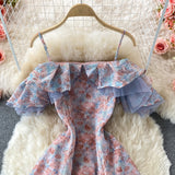 Summer Elegant Chiffon Floral Strap Dress Women&#39;s Mesh Stitching Strapless Mixi Dress Holiday Ladies Vestidos  Female Robe